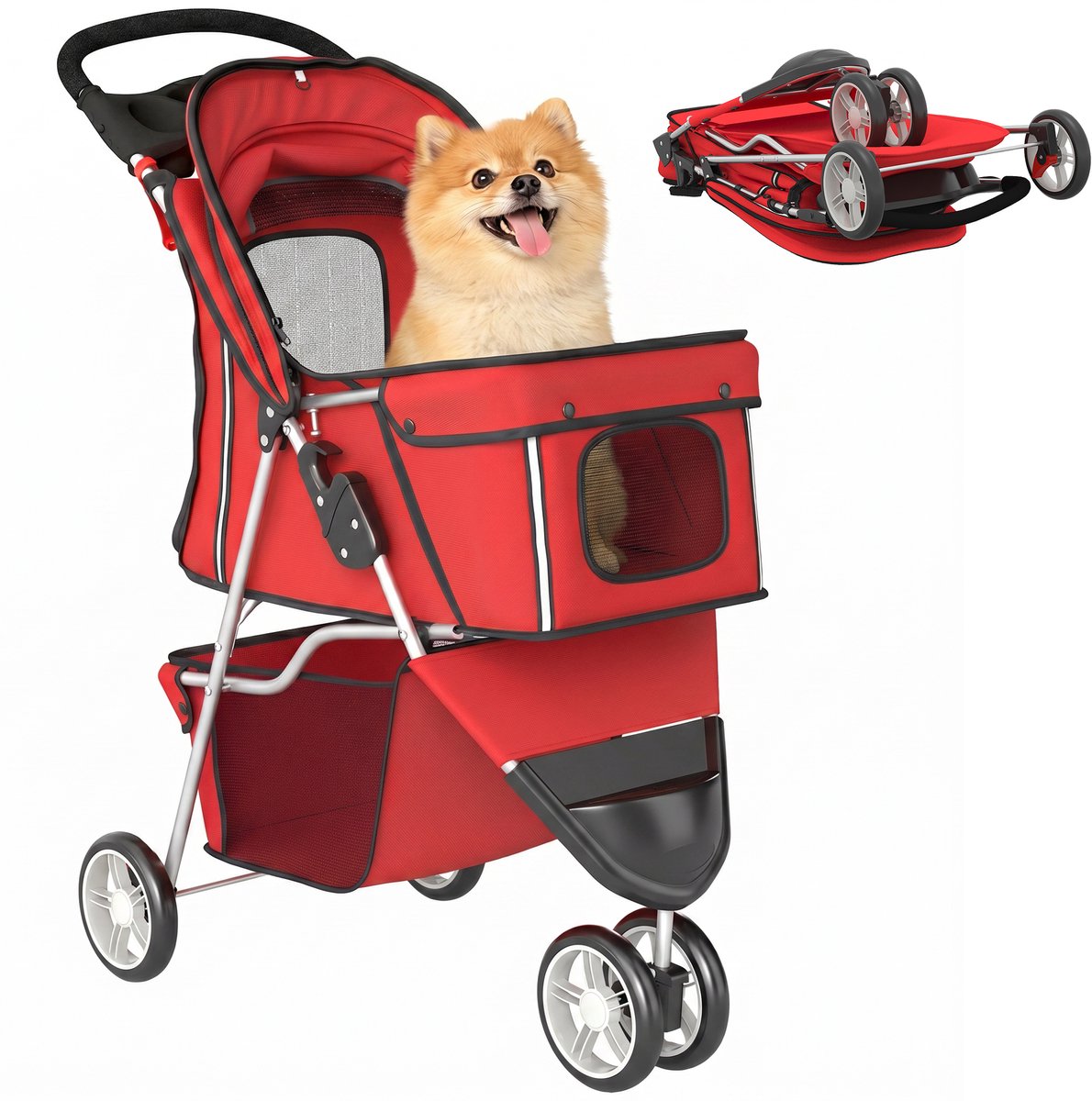 PawHut Pet Stroller-Stahlrohr, Oxford-Stoff-77L x 44B x 102H cm-Rot