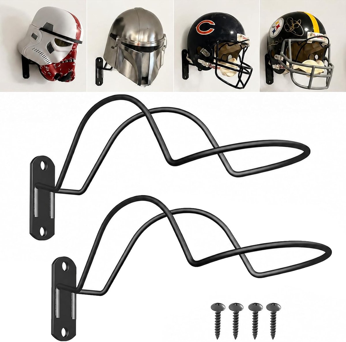 KZQ Set van 2 wandgemonteerde helmhouders - Multifunctionele metalen helmbeugels - Inclusief montageschroeven - Geschikt voor voetbal-, honkbal-, motor- en cosplayhelmen - Zwart