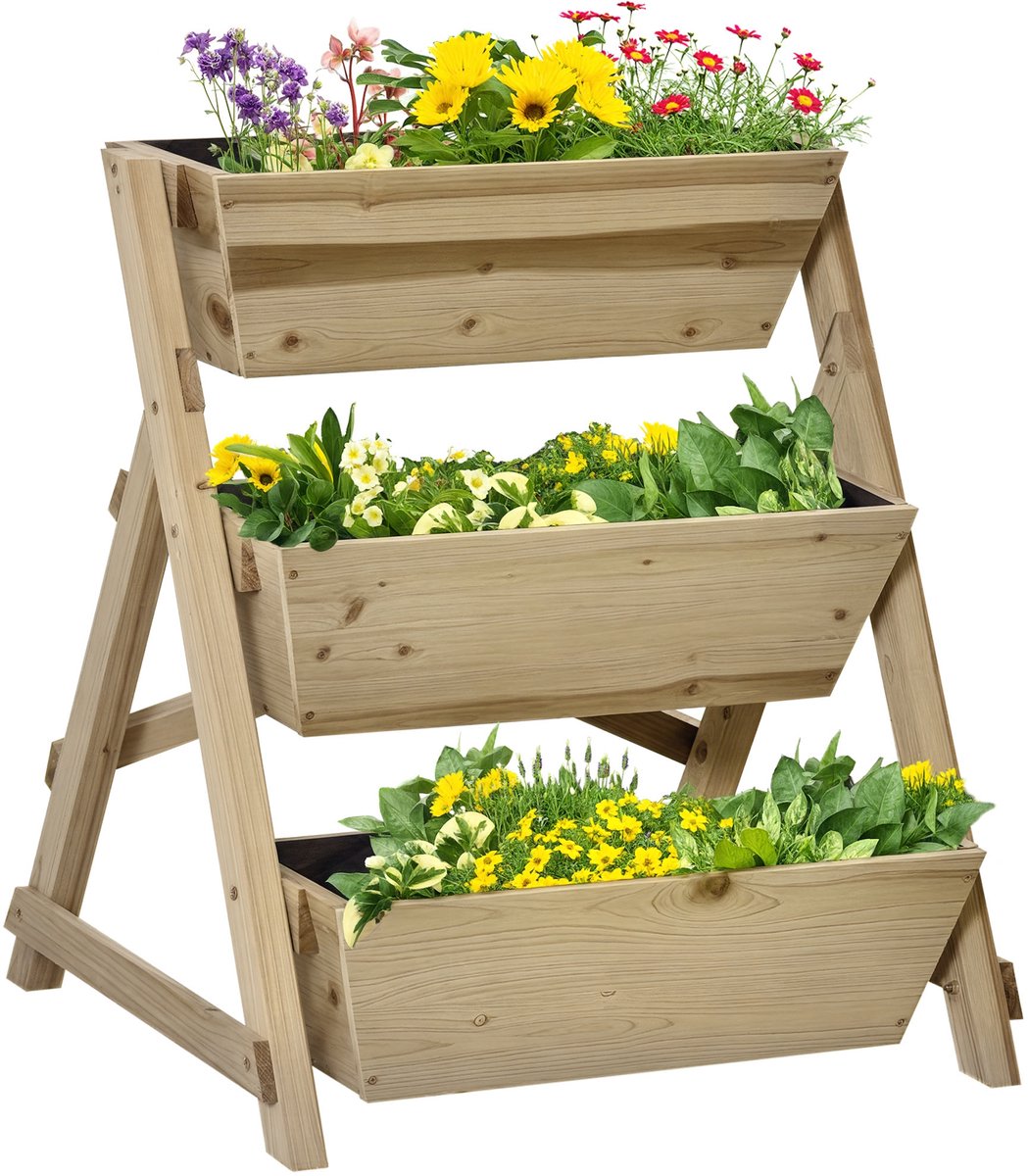 Verticale Tuin - Vierkante moestuinbak met pootjes - 3 niveaus - 71 L x 61 B x 77 H cm - met irrigatie-inzetstukken en vilt - voor buiten - van hout