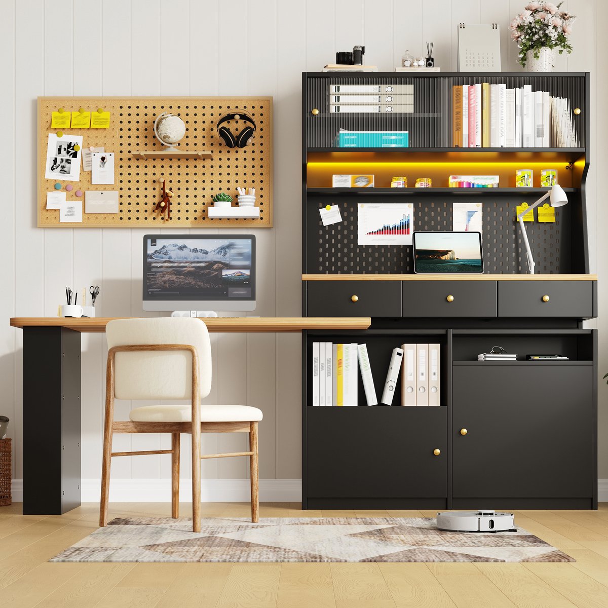 Wishdor - Buffetkast - hoge kast met geïntegreerd bureau en bartafel - LED-verlichting en glazen deuren - industrieel - woonkamer of werkkamer - houtlook - zwart - 137 x 74 x 177,7 cm