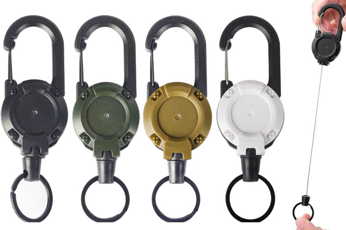 KZQ Set van 4 intrekbare sleutelhangers - Draagbare sleutelringclips - Stevige karabijnhaak ID-clips - Intrekbare ID-hoesjes met 65 cm stalen kabel - Geschikt voor kantoor en buitengebruik - Zwart, legergroen, kaki, wit