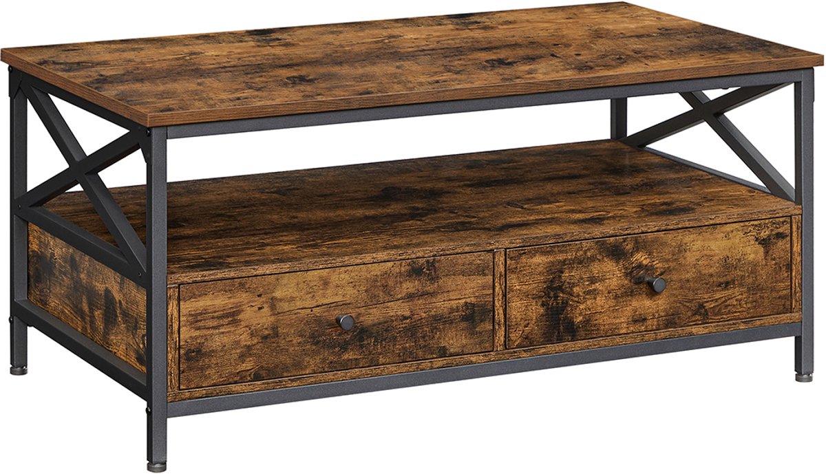FurnStar Salontafel met 2 Laden en Opbergvak – 100 x 55 x 45 cm – Industrieel Design – Rustiek Bruin/Zwart