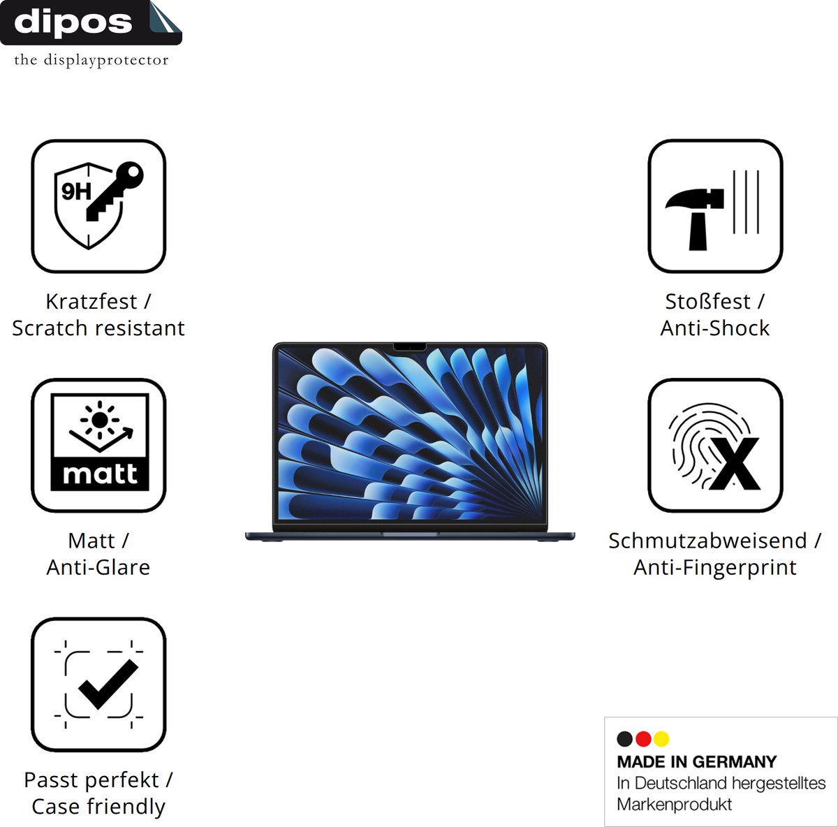 dipos – 2x Matte Pantserfolie geschikt voor Apple MacBook Air M3 15 Zoll 2024 | 9H Screenprotector