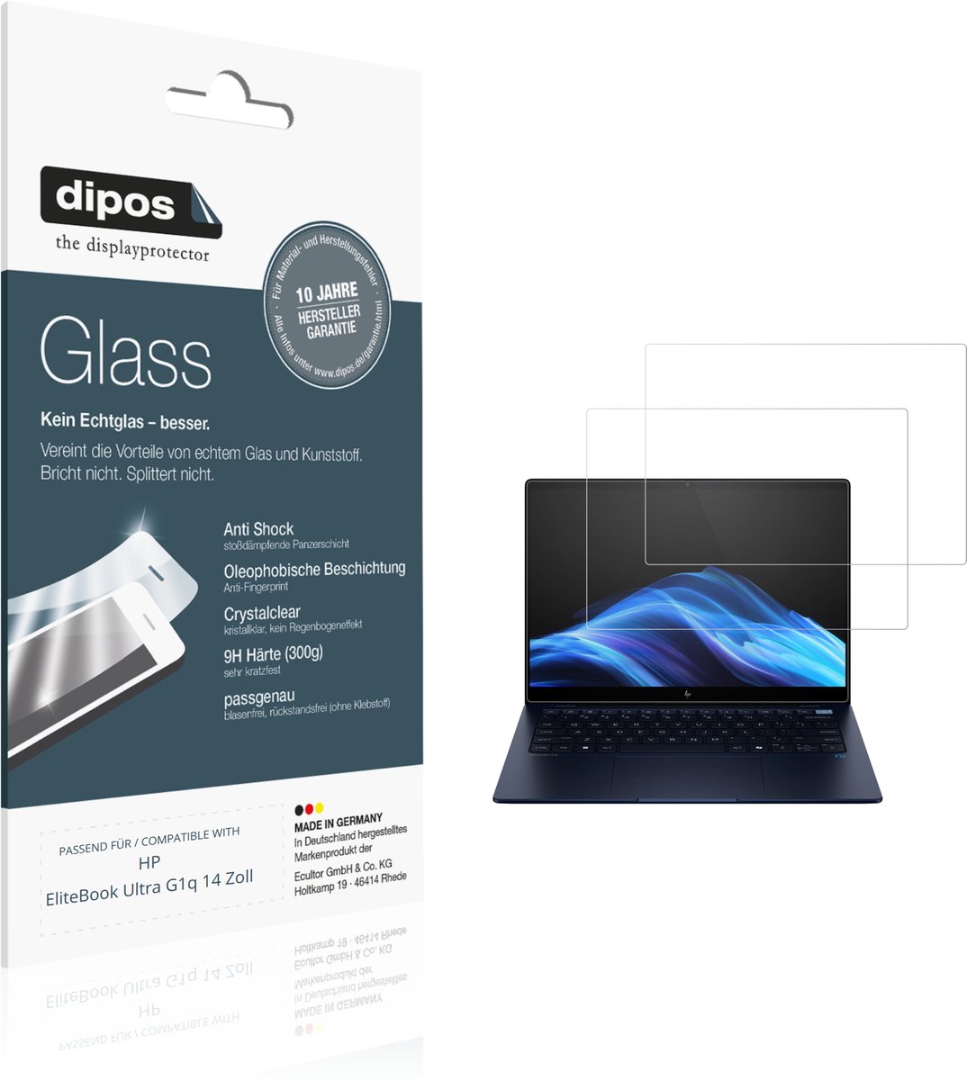dipos – 2x Pantserfolie geschikt voor HP EliteBook Ultra G1q 14 Zoll | 9H Screenprotector