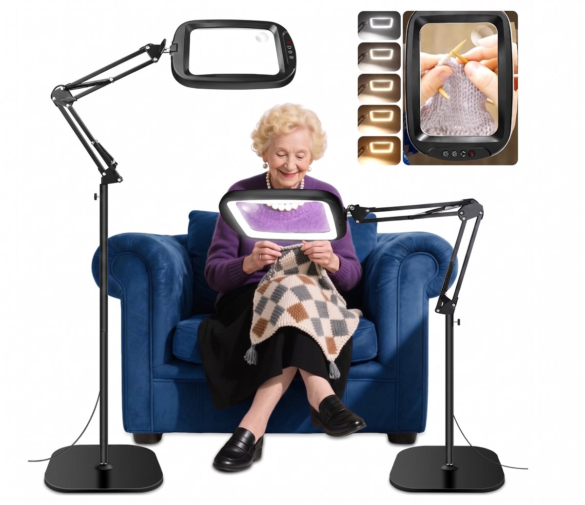 2-in-1 Vergrootglas met Licht en Standaard - 10x 30x Rechthoekige Loeplamp met LED Verlichting - Staande & Tafel Leesloep voor Senioren, Hobby, Knutselen & Lezen - Zwart