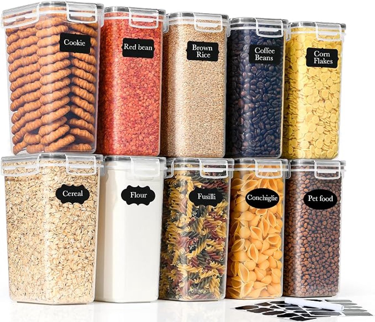 Set van 10 Voorraaddozen 2 L, Luchtdichte Vershouddozen met Deksel, BPA-vrij, voor Pasta, Meel, Suiker en Muesli, met Etiketten