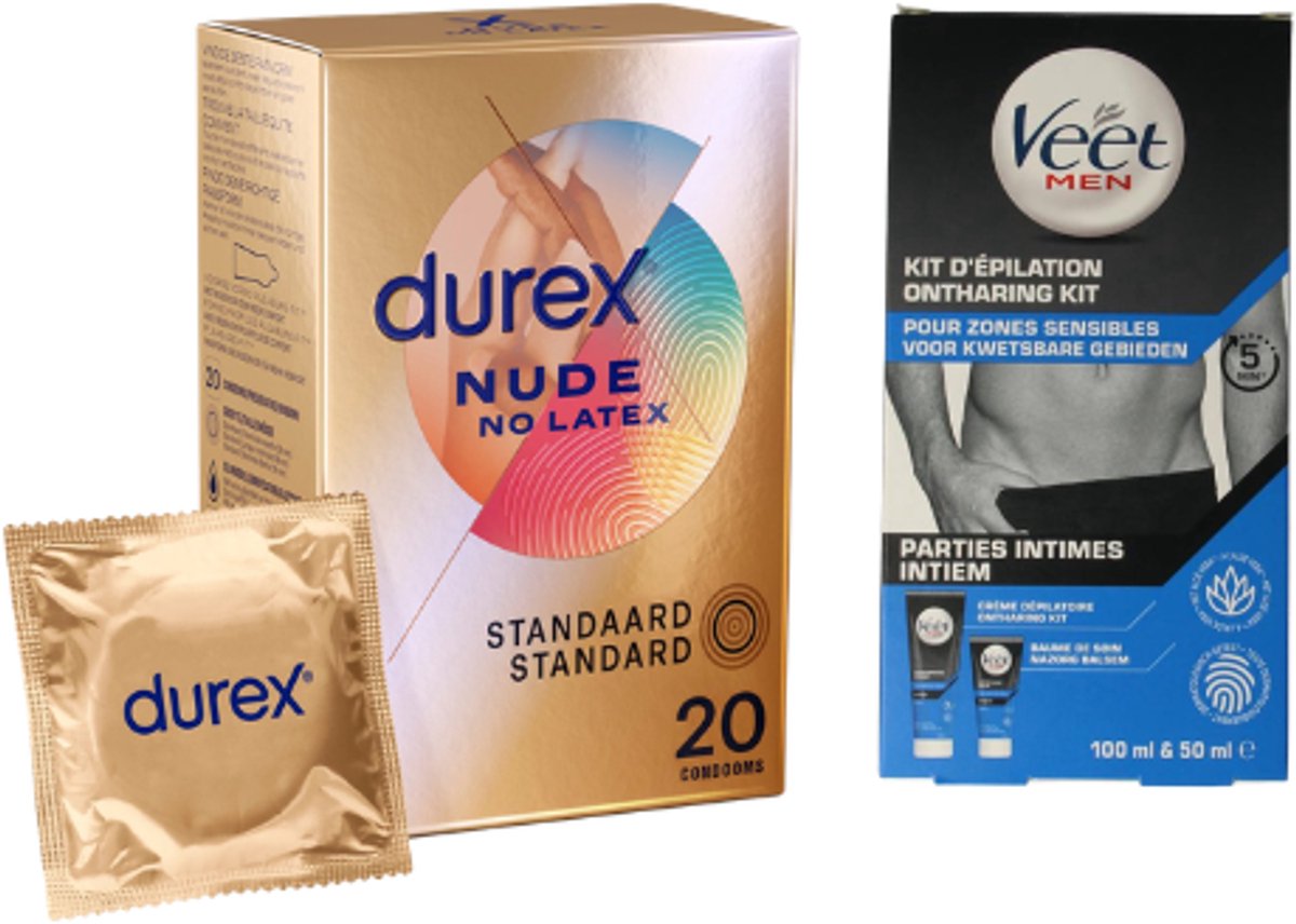 Durex Nude No Latex 20 Condooms + Veet Men Intieme Ontharingskit 150 ml – Latexvrije Condooms & Ontharing – 2-delige Set