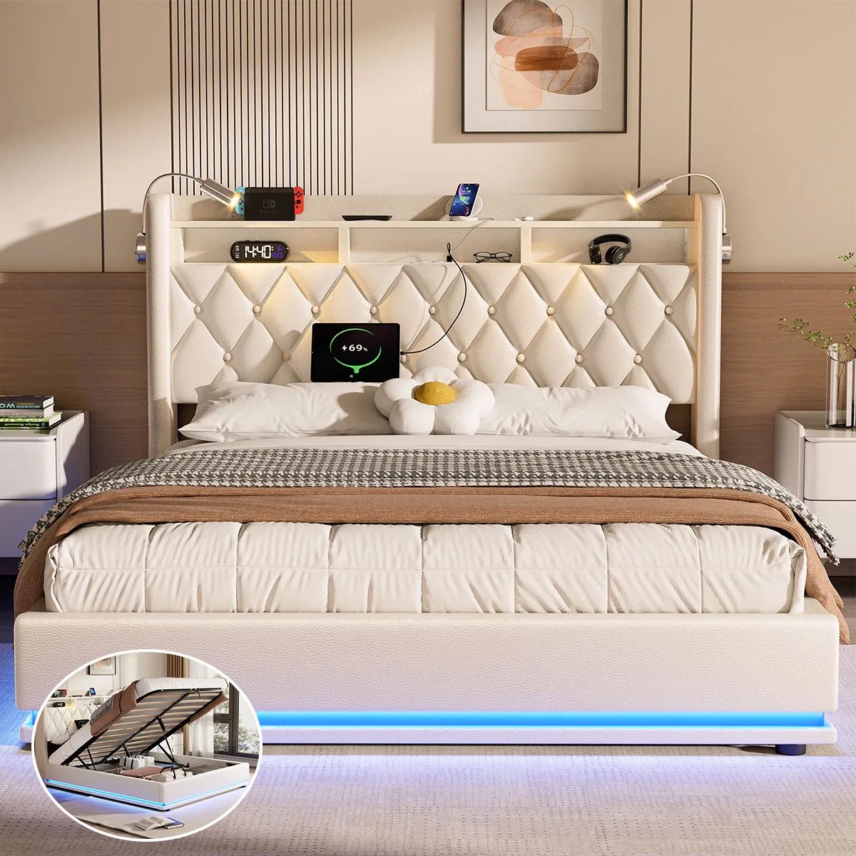 Gudalio Bed - Tweepersoonsbed - Bedframe - 160x200 - Opbergruimte - LED - Stopcontacten & USB - PU - Gestoffeerd - Beige