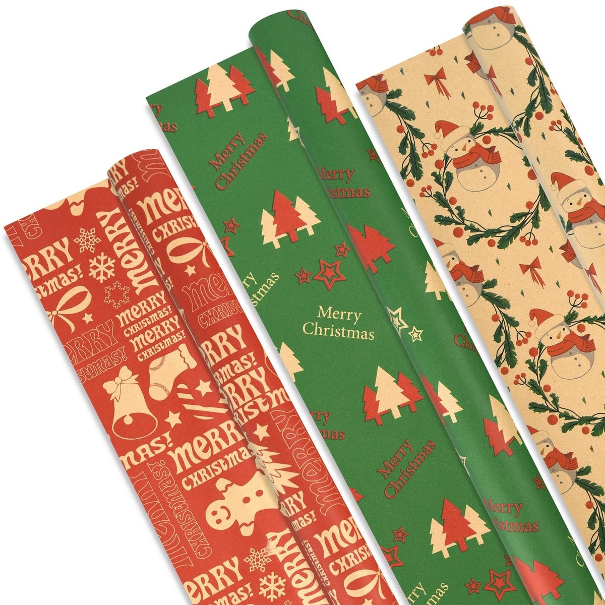Solidchoice - Jumbo Kerstinpakpapier voor Kerst met 3 Rollen in Groene en Rode Kleuren