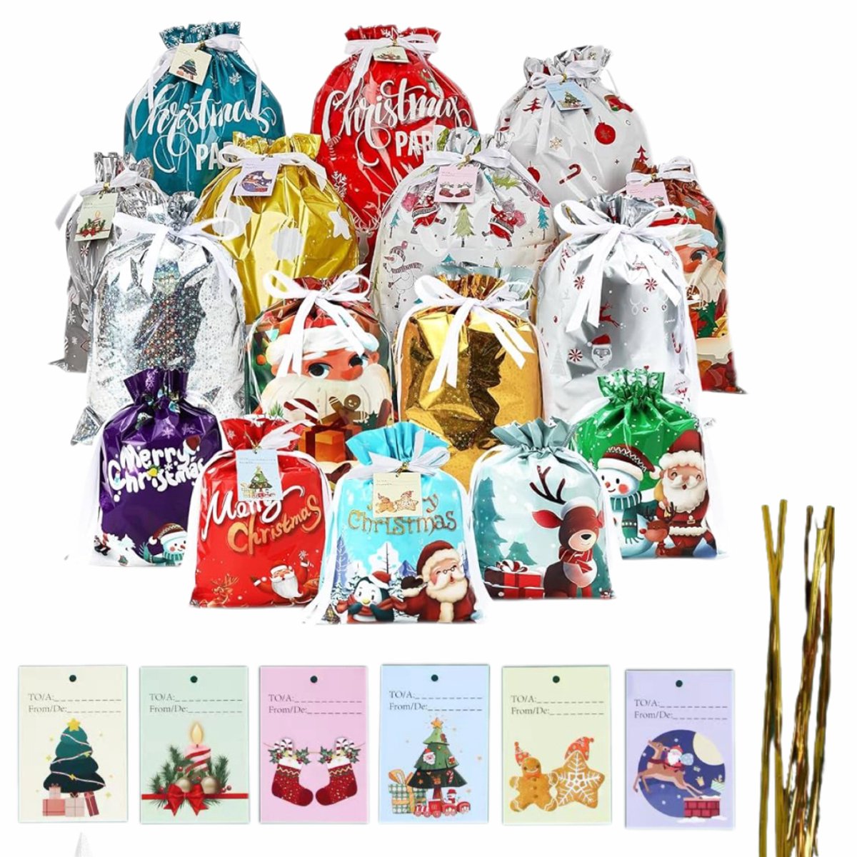 Kerst Cadeauverpakkingsset - 30 stuks trekkoord‑cadeauzakjes en 30 stuks kerstwenskaarten - Multiformaat cadeauzakken met kerstprints - voor Kerstcadeau Inpakken en Feestdecoratie