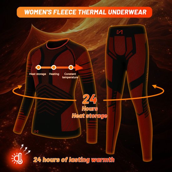 Rood en zwart gestreept thermoshirt en thermobroek voor dames, met icoontjes voor warmteopslag en 24 uur warmte.