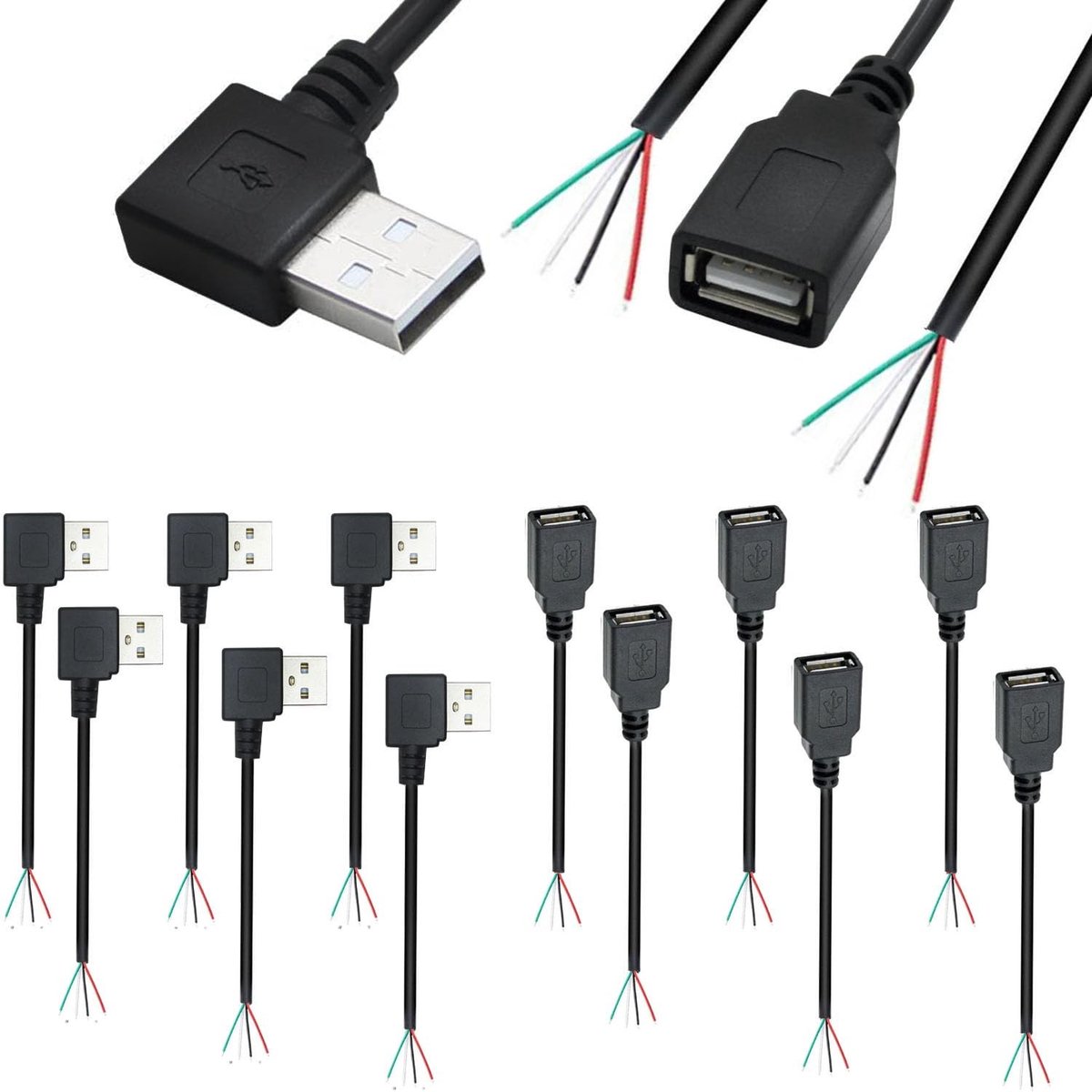 Solidchoice - 12pcs USB Pigtail 4 Draad 90 Graden USB-A Male Female Kabel 28 AWG DIY