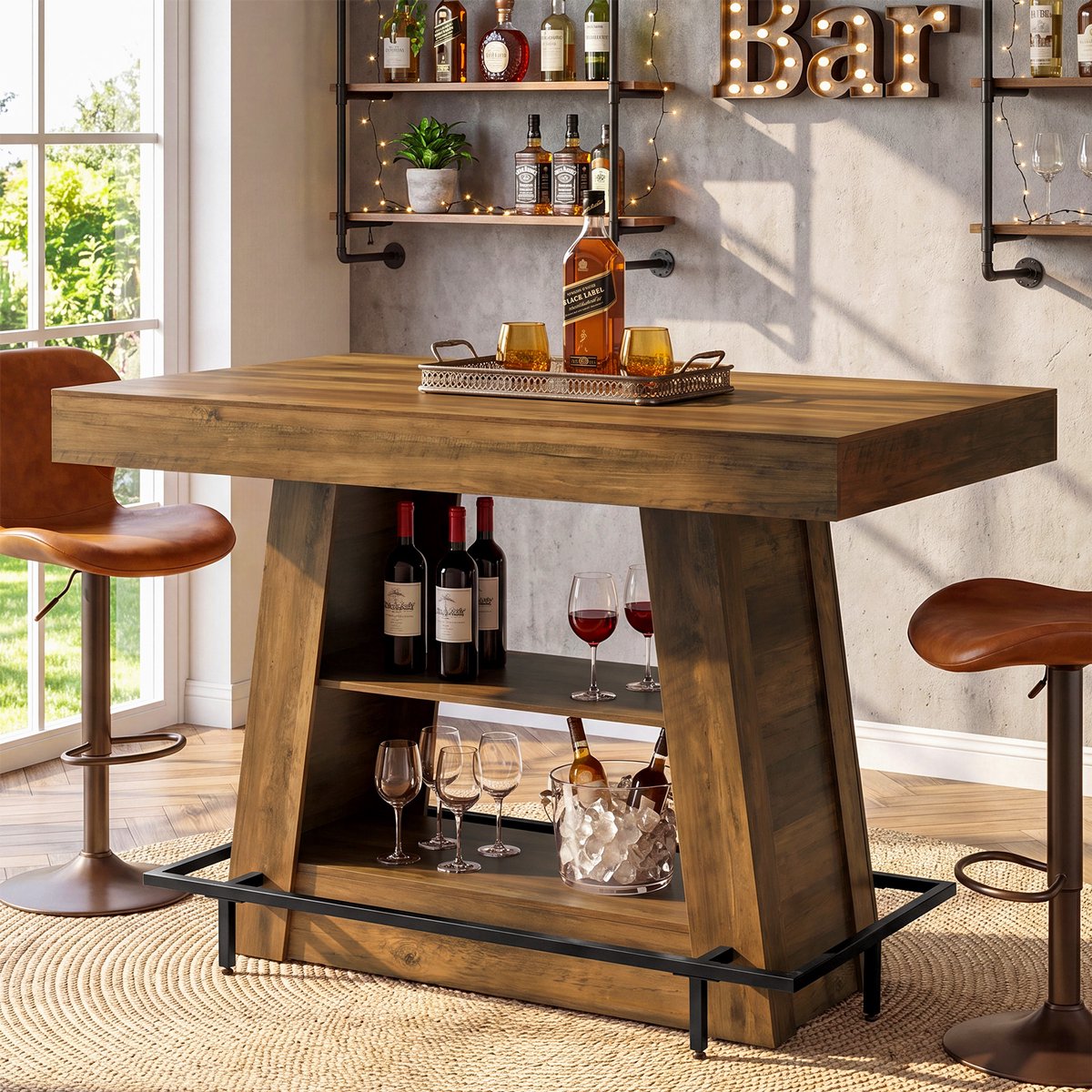 Tribesigns Bartafel - 120 x 80 x 100 cm - Cafétafel met Open Opbergplanken met 3 Niveaus - Rechthoekige Hoge Keuken en Pubtafel - Industriële Thuisbarunit - Bruin
