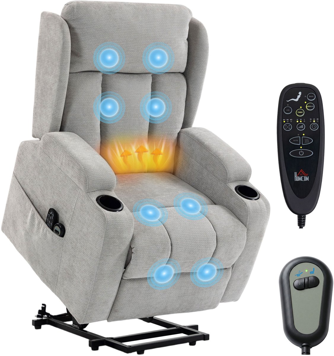 HOMCOM - Multifunctionele elektrische relaxfauteuil - Chenille (100% polyester) - 82 x 89 x 110 cm - Lichtgrijs