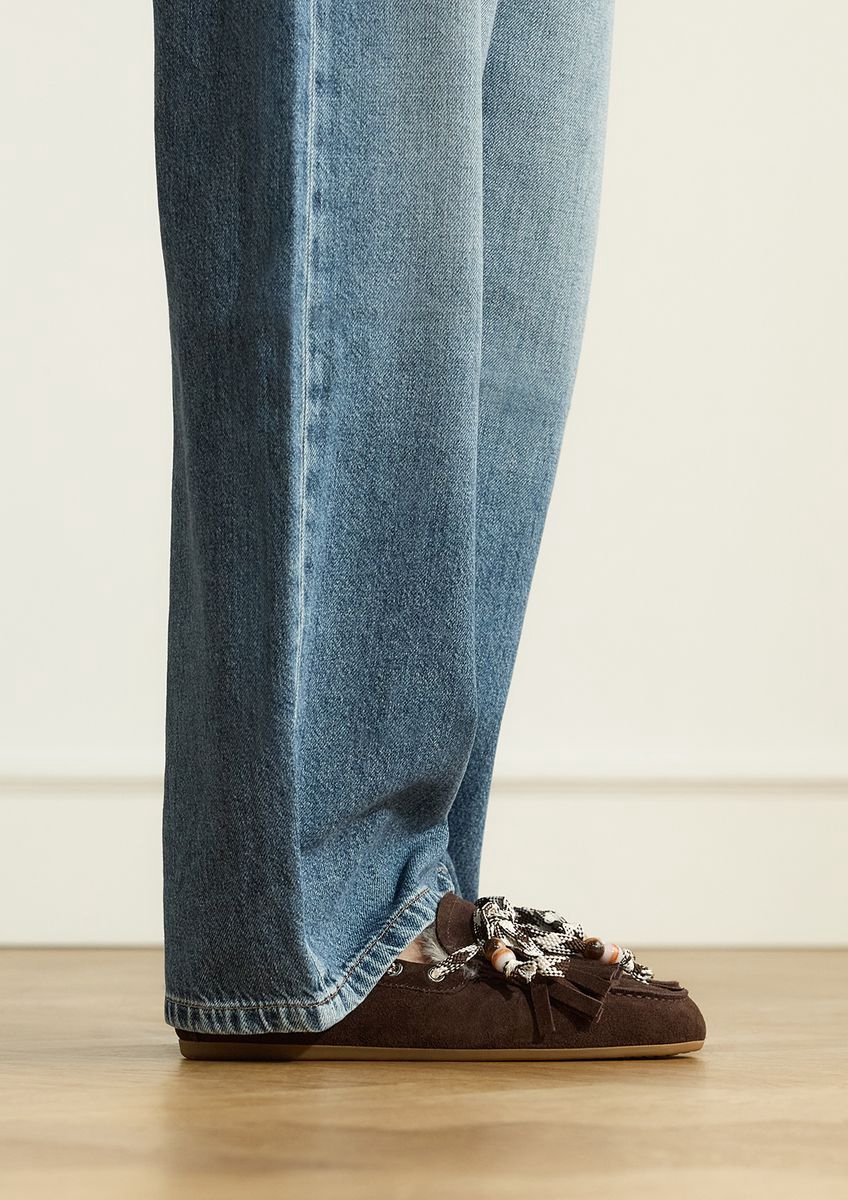 Manfield - Dames - Donkerbruine suède bontloafers - Maat 39