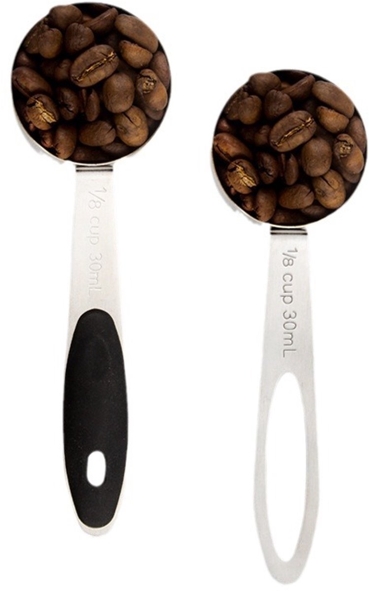 Set van 2 roestvrijstalen koffiemaatlepels 30 ml (1/8 cup), twee verschillende handvatontwerpen, precieze scheplepels voor koffiebonen en gemalen koffie