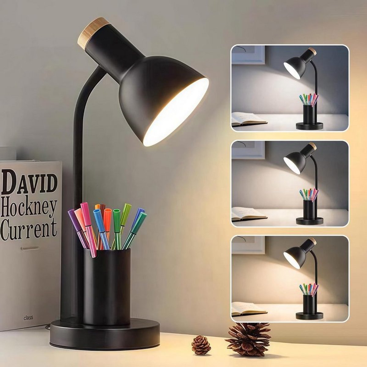 LED-bureaulamp met pennenhouder, 3 kleurstanden, zwart.