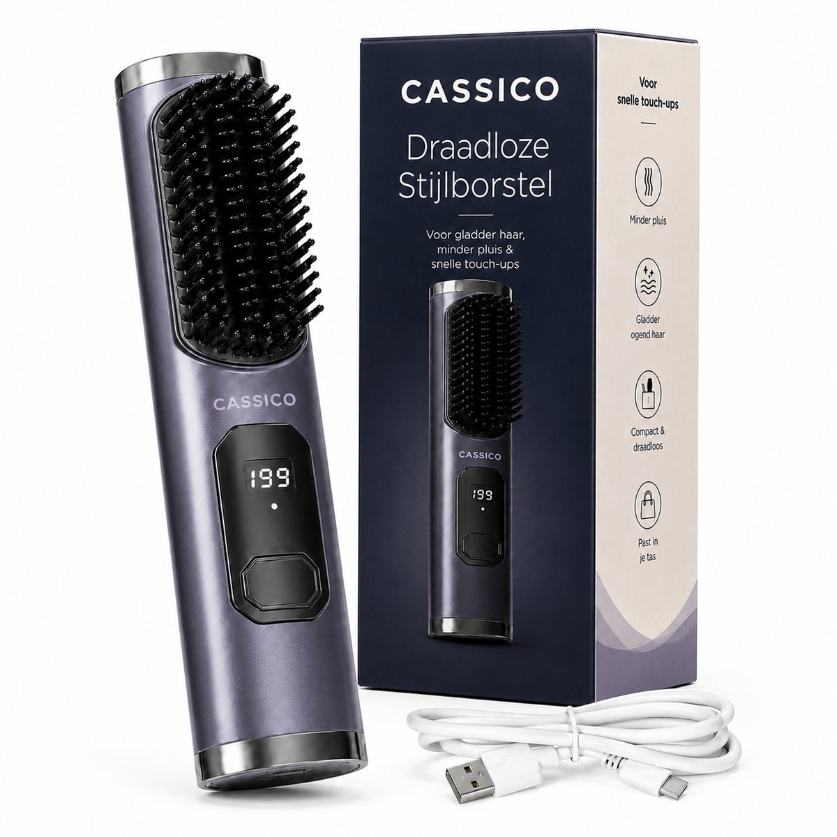 CASSICO® Draadloze Stijlborstel - Warmteborstel - Stijltang - Krulborstel - Thermal Brush - Haarstyler - Haarborstel Electrisch - 70 Minuten Batterijduur