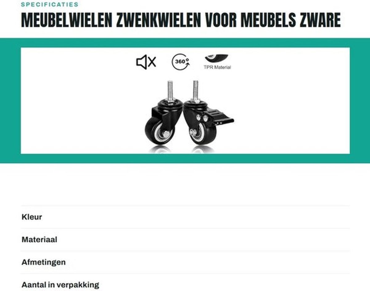 Meubelwielen set van 4 - Zwenkwielen met rem - Zwenkwielen met schroefdraad - Zware wielen - Rubber - Geschikt voor meubels