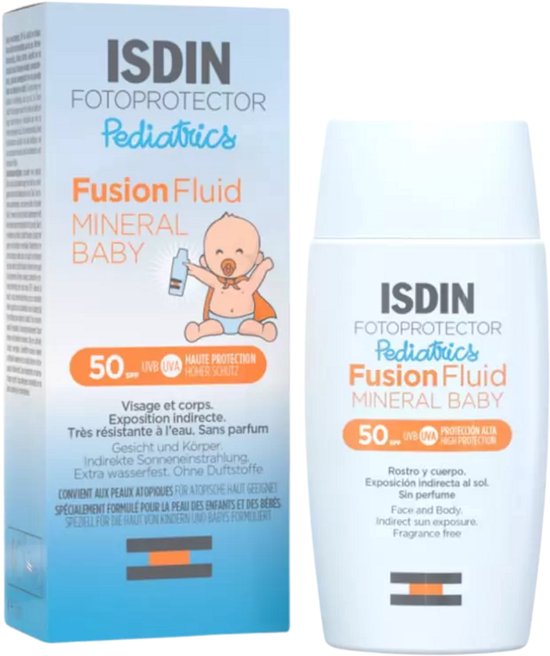 ISDIN Fotoprotector Pediatrics Fusion Fluid Mineral Baby SPF50+, zonnebrandcrème voor gezicht en lichaam, zeer waterbestendig. Wit flesje met blauwe en oranje accenten.