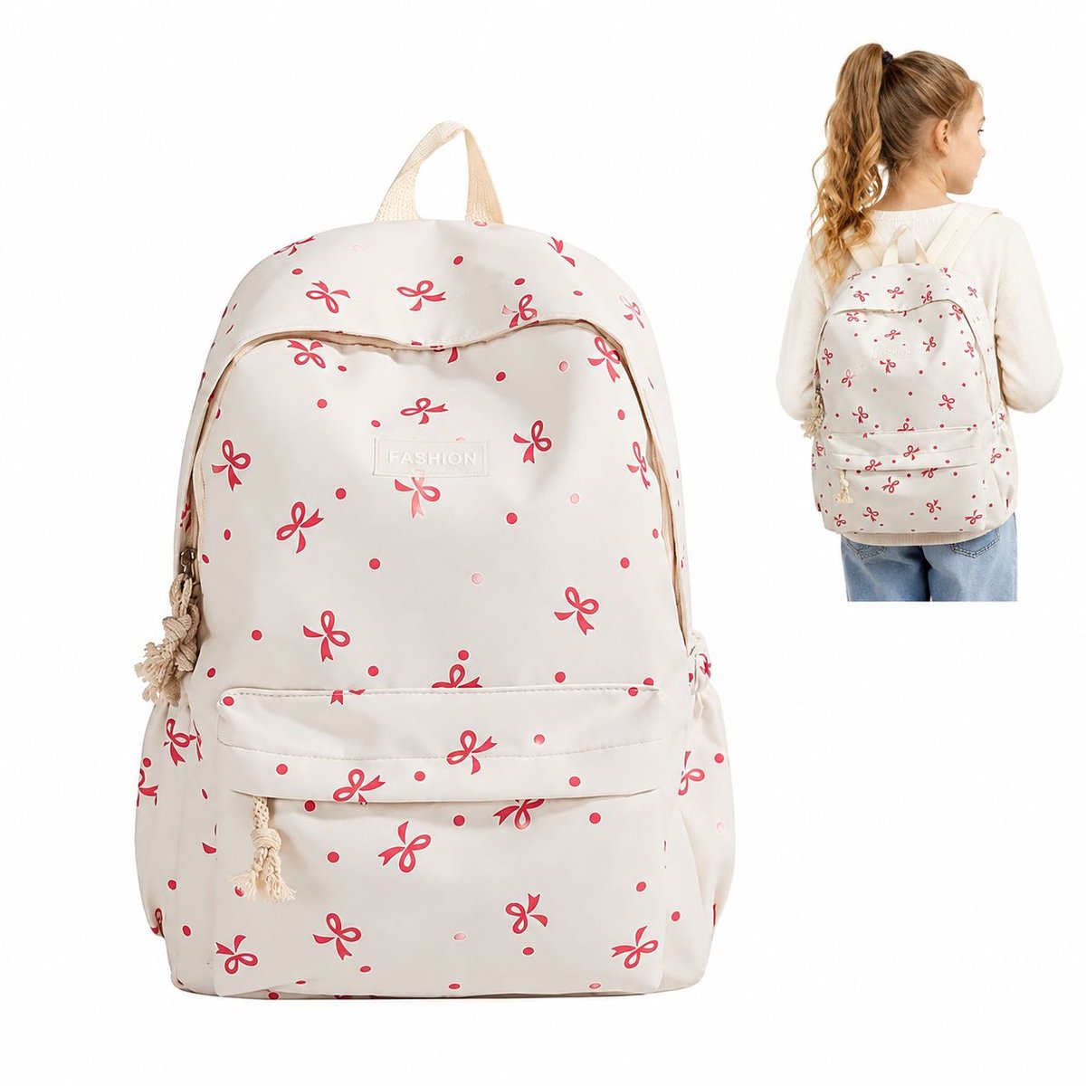 Schooltas Meisjes - Rugzak Kind - Laptop Rugzak voor Basisschool & Middelbare School - Boekentas met Strik - Cadeau Meisje - Beige