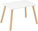 Witte kindertafel met vier schuine naturel houten poten. Ronde hoeken.