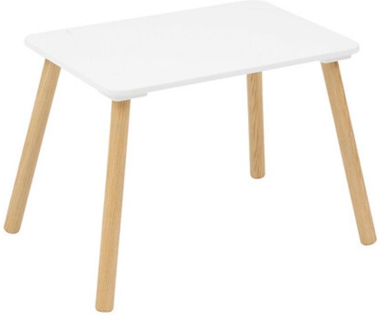 Witte kindertafel met vier schuine naturel houten poten. Ronde hoeken.