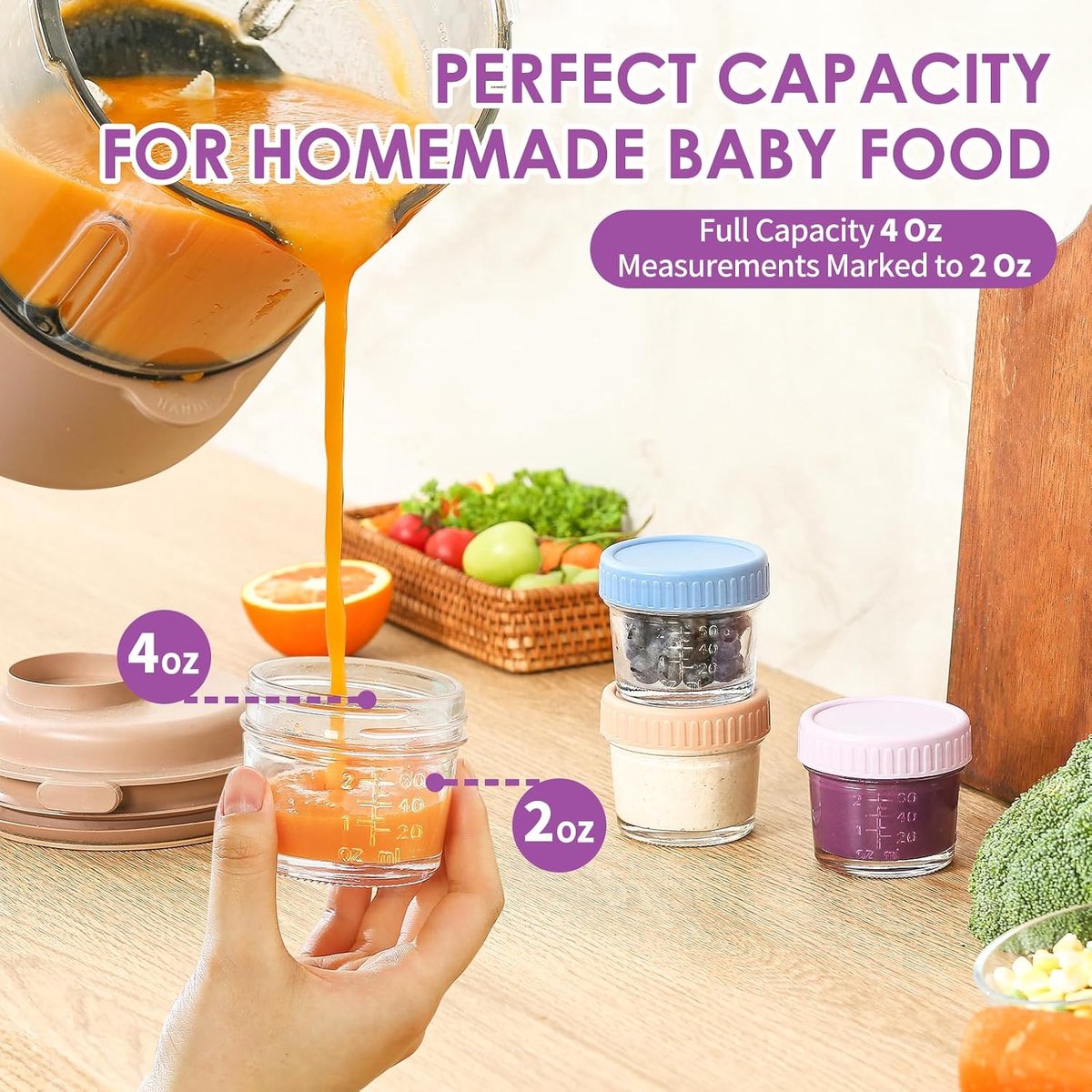 Babyvoedselopslagpotjes - met luchtdichte deksels - nauwkeurige maatstreepjes voor porties - voor babyvoeding en snacks - stapelbare potjes met labelvlak - voor baby's en gezinnen - transparant - 4 oz - 12 stuks