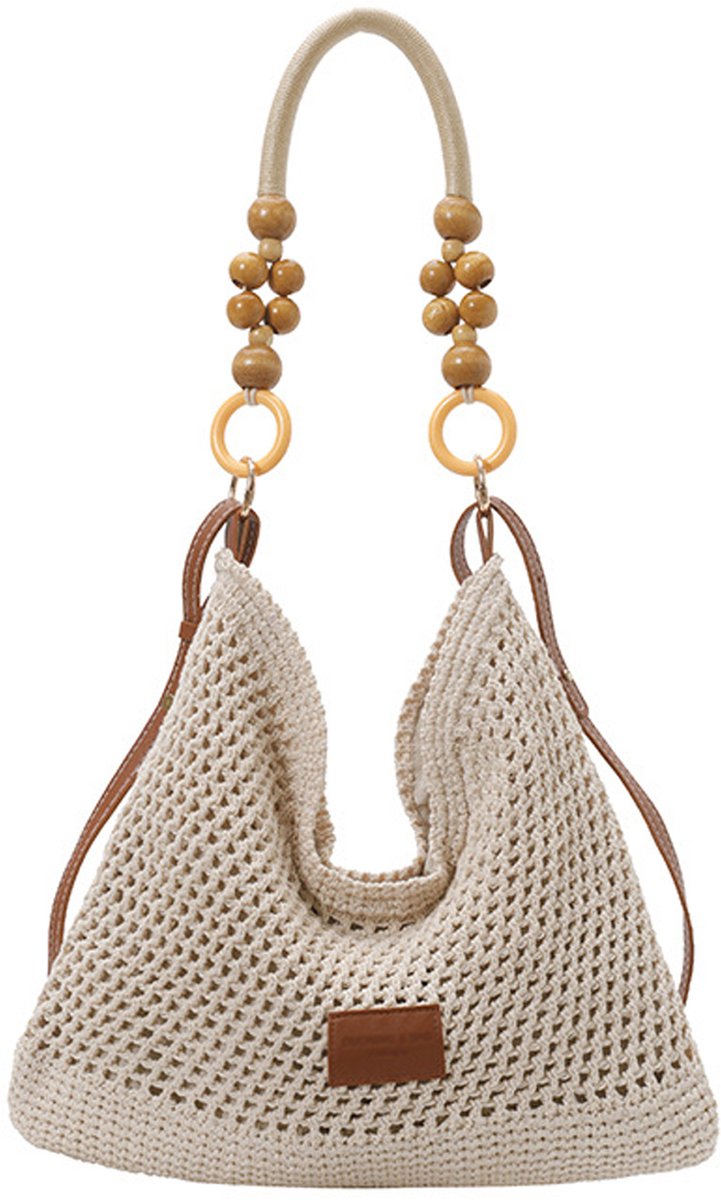 Boho Straw Beach Bag voor dames - gehaakte katoenen gebreide draagtas met 2 afneembare bandjes - zomerschoudertas en crossbody-portemonnee voor reizen en vakantie
