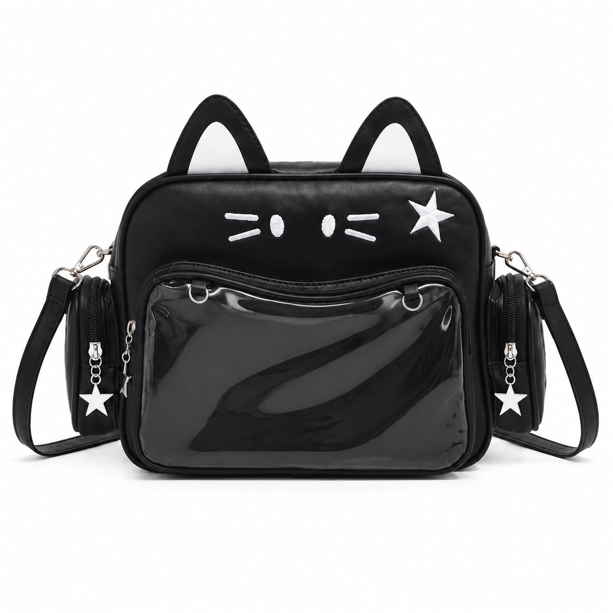 Ita Bag Rugzak – Kawaii Rugzak met Transparant Displayvak – PU Schoudertas & Handtas – Voor Pins, Sleutelhangers & Anime Accessoires – Kattenoortjes – 28 x 12 x 20 cm – Zwart