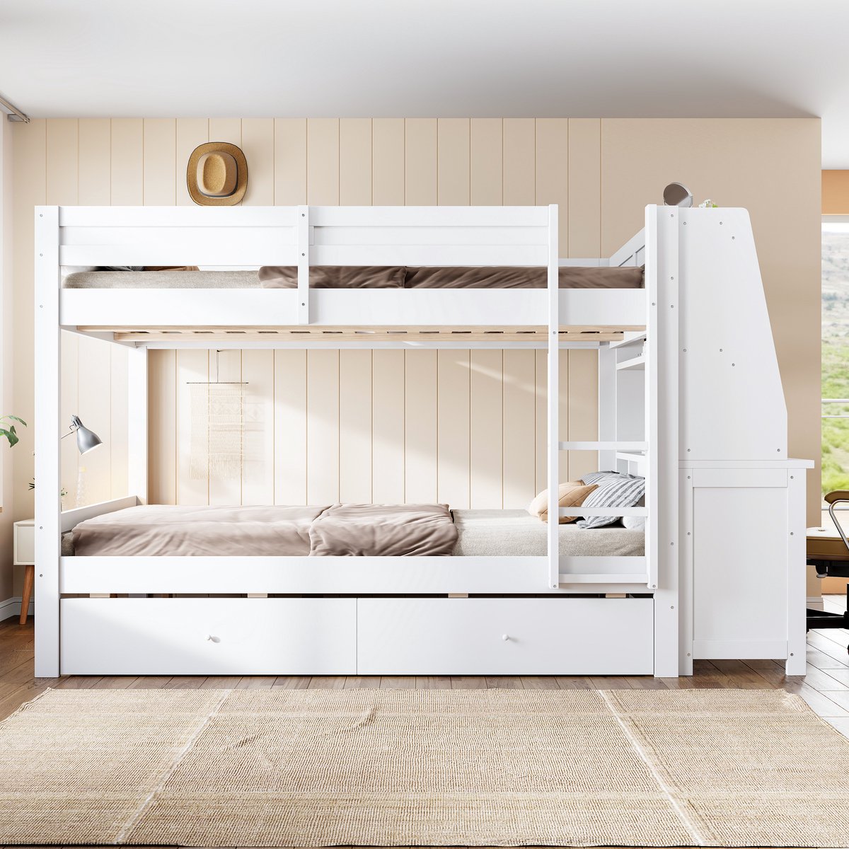 Kinderbed, Stapelbed Van 140 X 200 cm Met Geïntegreerde Opbergkast Aan De Zijkant, Die Naar Links Of Rechts Kan Worden Verplaatst, Met Bureau, Plank, Lades En Opbergruimte-Wit