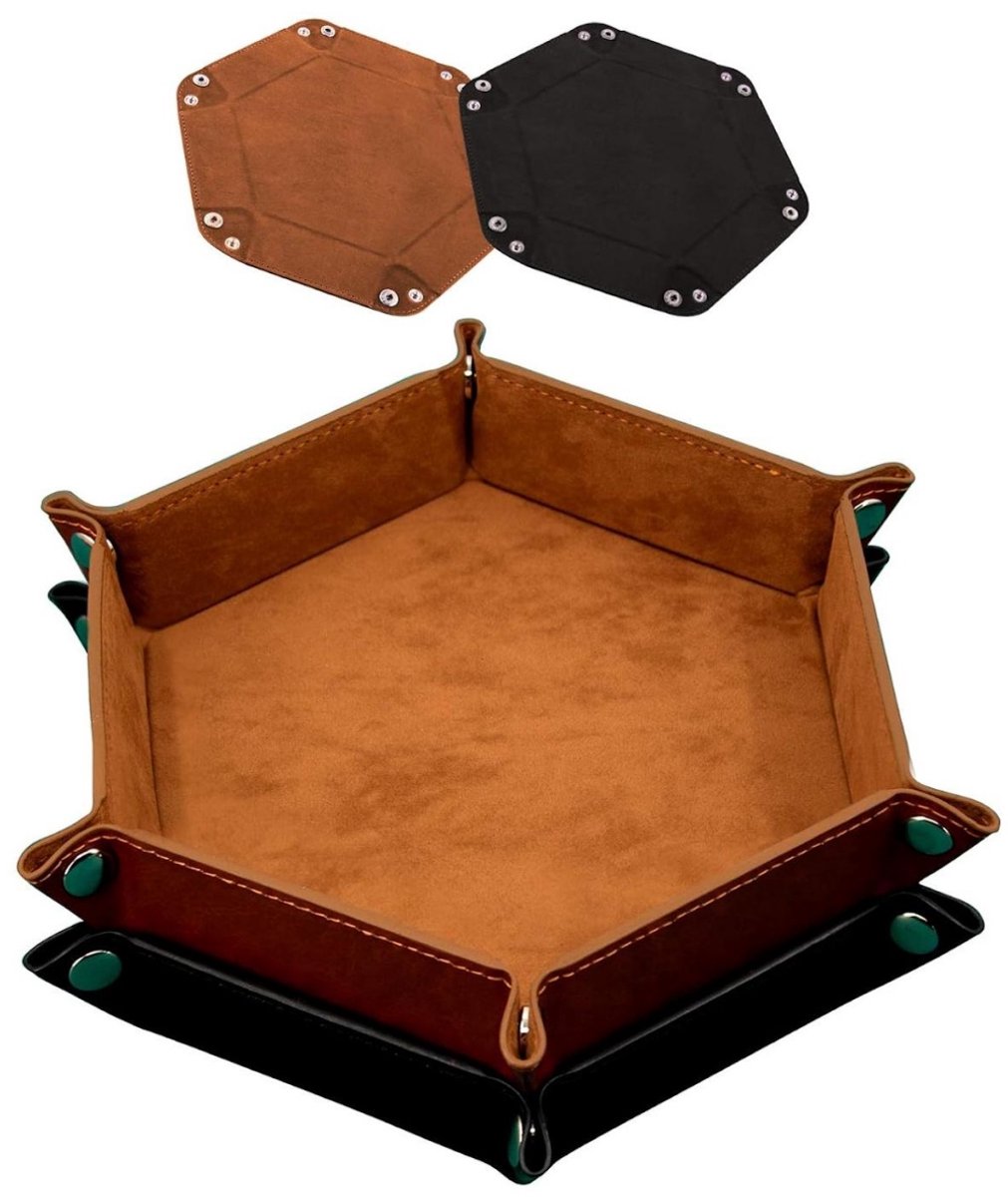 SSTRWGOOD 2 Stuks Polyedrische Würfelbretter - Hexagonaal Opvouwbaar Würfeltablet - 24x17,5cm - Dubbelzijdig Zeshoekig Ontwerp met Metalen Drukknopen - Geschikt voor RPG DND Draak Werpel Spellen - Velours Binnenkant en Lederen Buitenlaag