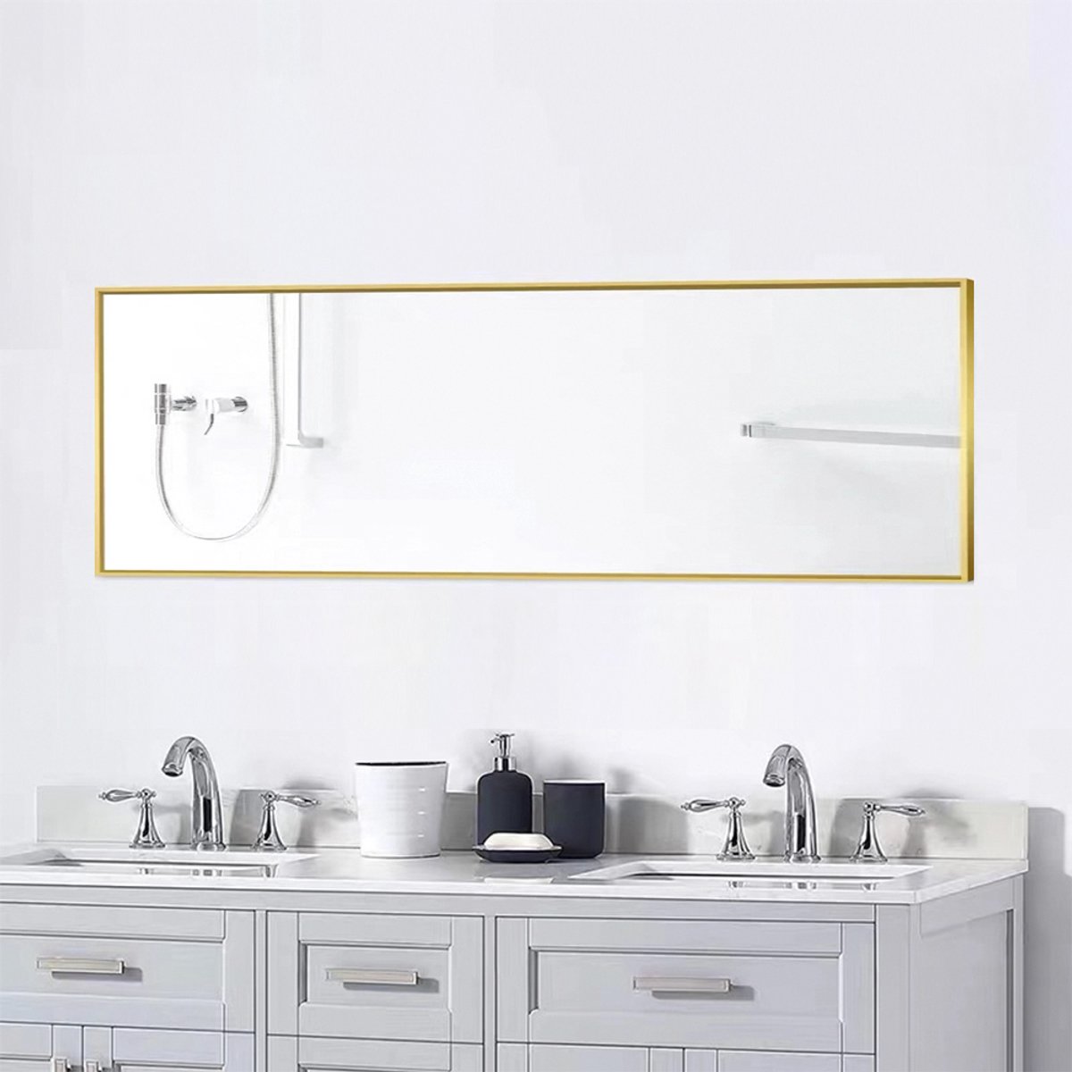 Badkamerspiegel 150x40 cm, staande full-body spiegel, rechthoekige passpiegel van gehard glas, aluminium frame, antislipvoet, goud