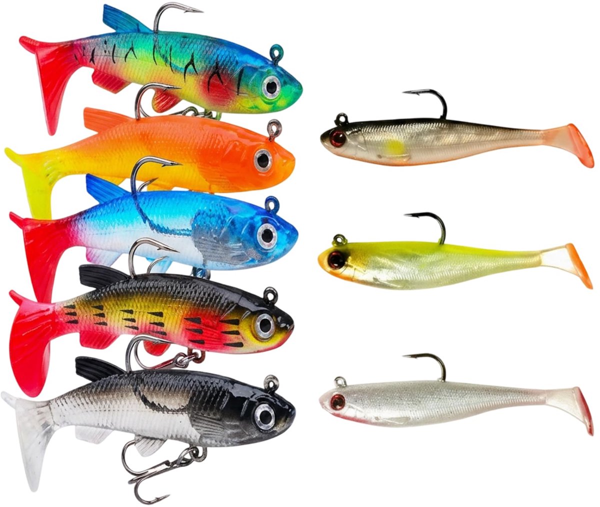 Set van 8 Gummifishes voor Barsch, Hecht en Forel, met Haken