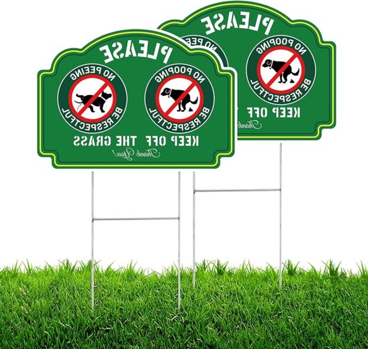 Niet Plassen Hondenbord - Blijf van het Gras af - Dubbelzijdig Bedrukt - 35x25 cm - Wees Respectvol - Metalen H-Palen - Buiten Gazon Tuin - 2st.