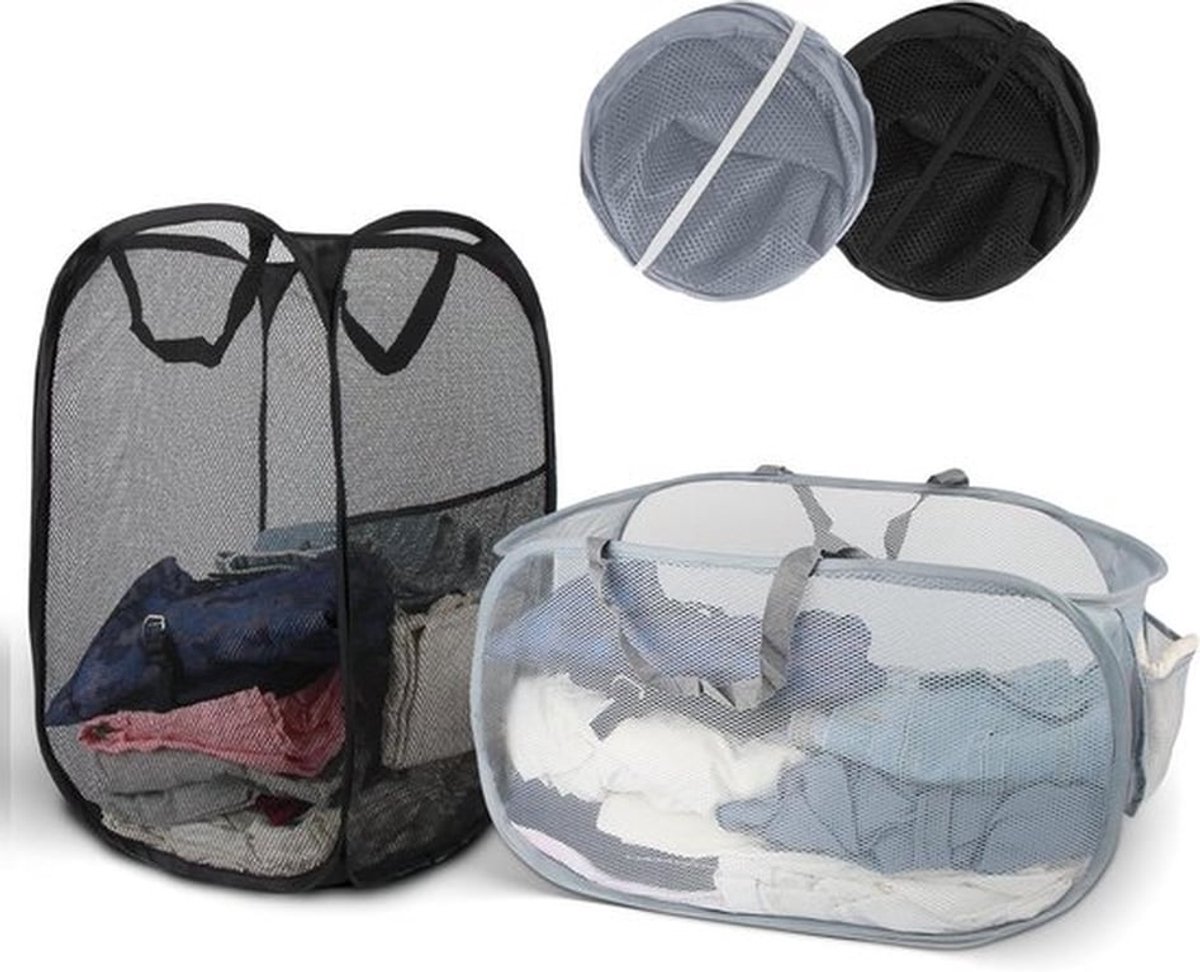 Pop-Up Wasmand 2 Stuks | Mesh Opvouwbare Wasmand 36 x 36 x 58 cm | Inklapbaar met Handvat | Voor Badkamer, Slaapzaal, Reizen