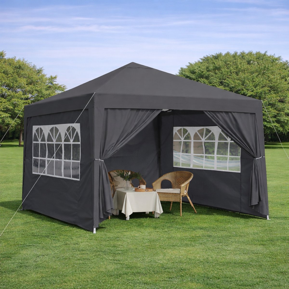 COVREO Partytent 305x305 cm zwart, staalframe met 4 zijwanden