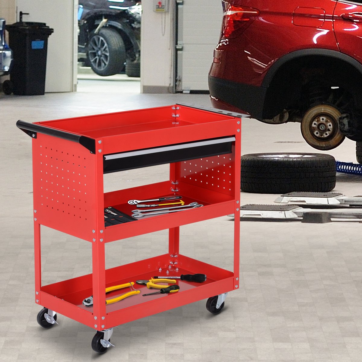 COVREO Gereedschapskar 82 x 35 x 76 cm rood staal, 3 etages met wielen