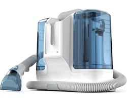 Tapijtreiniger – Bekledingreiniger – 450 W – Vlekkenreiniger – Waterzuiger – Sproeien – Borstelen – Zuigen – 1,8 L Watertank – 600 ml Vuilwatertank – 1,2 m Slang – 5 m Snoer – Bank – Tapijt – Trap – Auto – Meubels – Compact – Wit