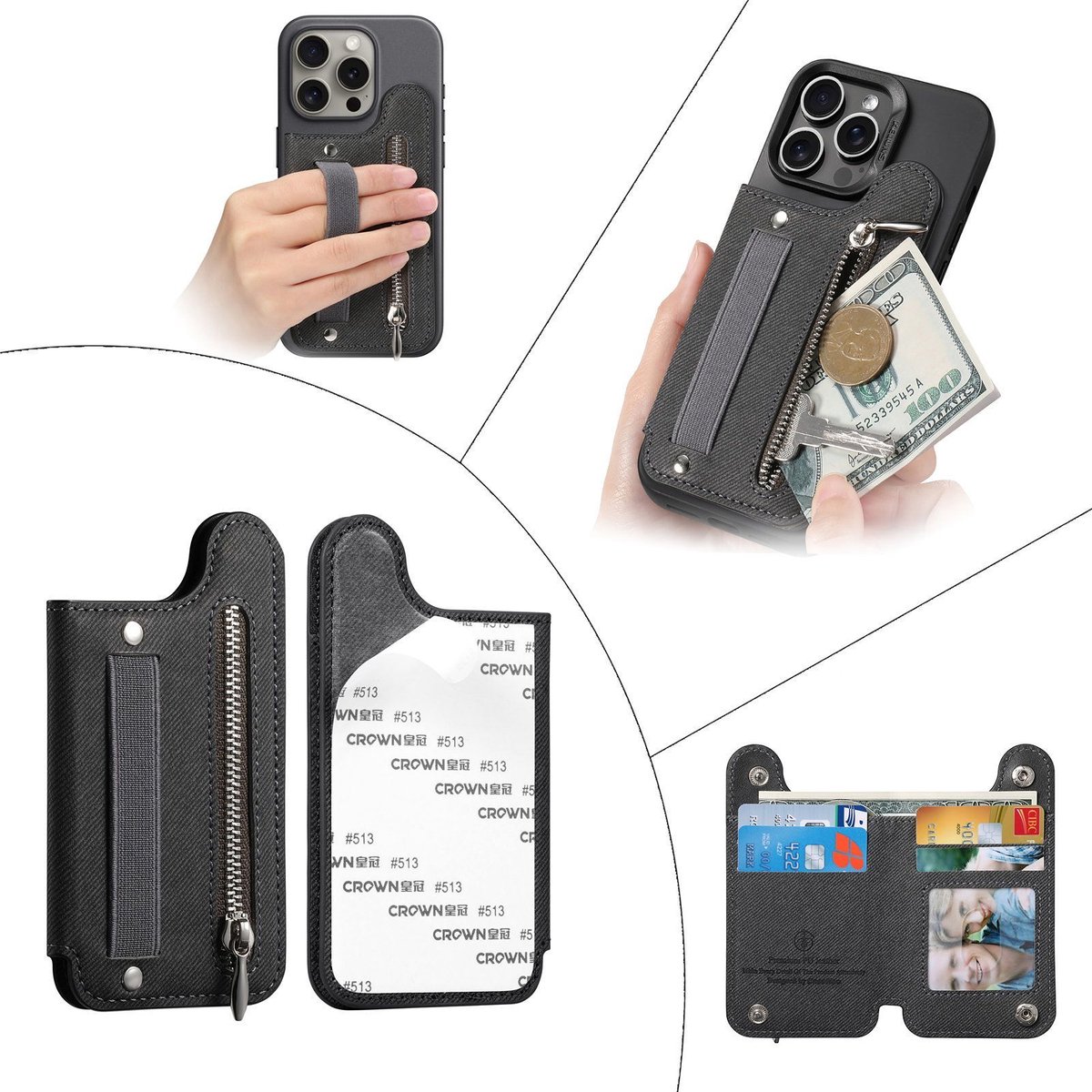 Fyfanie - Universeel-Zelfklevende Telefoon Kaarthouder -Grijs - Met ritsportemonnee en elastische polsband, voor pasjes, munten en sleutels - Pasjes opbergen-elastische polsband-zelfklevend bevestigen-voor alle merken smartphones