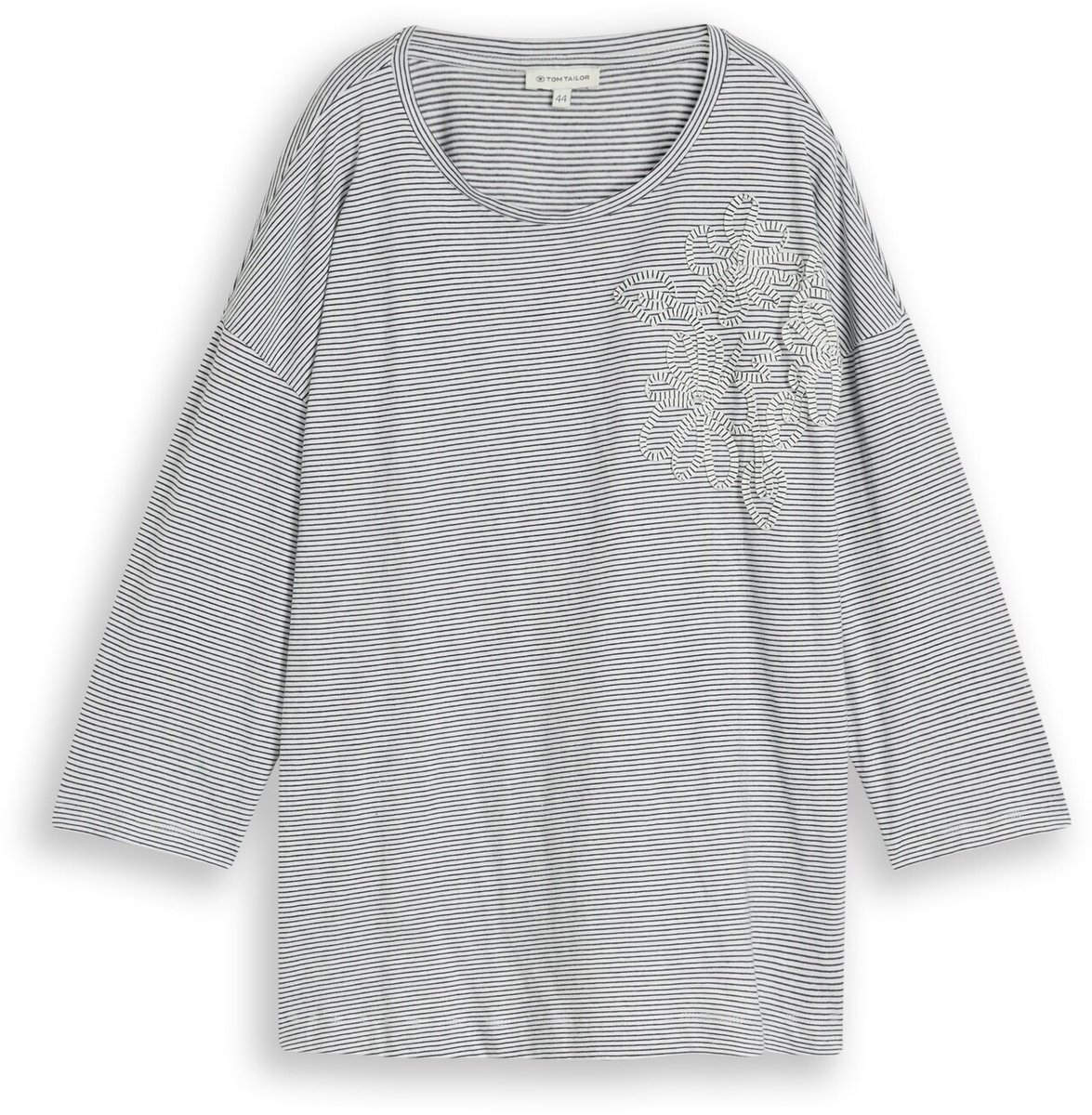 Tom Tailor - Plus Size - T-shirt met losse pasvorm en bloemenapplicatie - Maat 50 - small white navy stripe