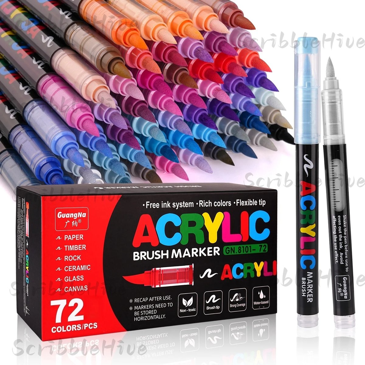 Evaux Boutique acrylstiften - 72 kleuren - Tekenset - Niet giftig - Sterke dekking - Op water basis - Acryl Marker Stiften - Verfstiften - Acrylverf markers voor glas, hout, steen, keramiek, stoffen, metalen, canvas - Guangna brush markers