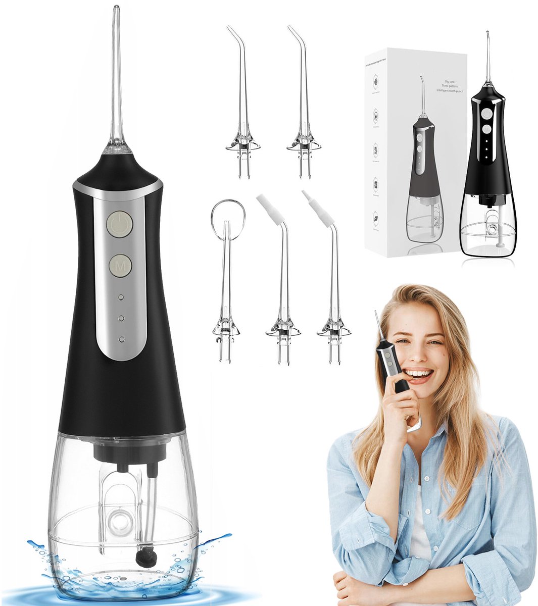 Waterflosser Draadloos - Monddouche Draagbaar - Elektrische Water Flosser - 3 Drukniveaus - 300 ml Waterreservoir - 5 Vervangbare Sproeiers - Flosapparaat - Voor Tanden en Tandvlees - Thuis en Reizen