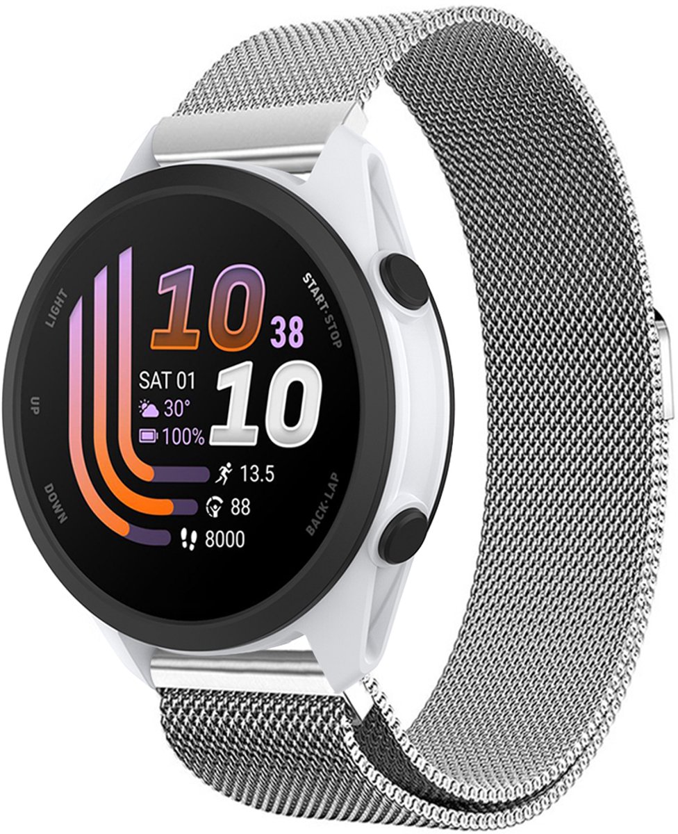 Stravo Milanees Bandje – Geschikt voor Garmin Forerunner 70 / 170 / 55 / 165 / 245, Vivoactive 6 / 5 / 3, Venu SQ 2 – Metalen Milanese Horlogebandje – Zilver