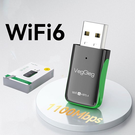 VegGieg WiFi 6 USB adapter, zwart met groene rand, 1100 Mbps, met verpakking op een witte schijf.