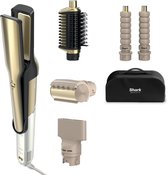 Gouden en witte Shark multistyler, stijltang, borstel, twee krulopzetstukken, droogmondstuk en zwarte etui.