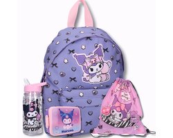 Kuromi Schooltas Set Meisjes – 4 Delige Schoolset – Rugzak, Gymtas, Lunchbox & Glitter Drinkfles – BPA Vrij – Paars/Roze – Basisschool Kinderen