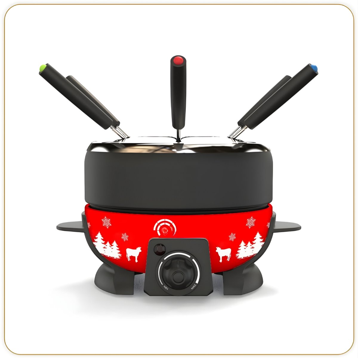 KIRA® Fondueset - Universele Fonduepan Inclusief Vorkjes - Luxe RVS Fondueset Voor Gezellige Avonden - Zwart/Rood - 26cm x 23cm x 17cm