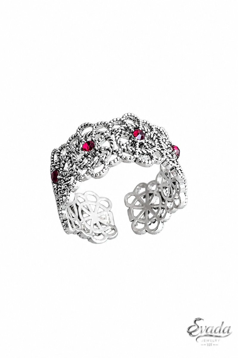 925 Sterling Zilver Ring met Rode Stenen – Red Stone Ring – Bague Argent Pierre Rouge – Verstelbare Vintage Bloemenring – EVADA Jewelry