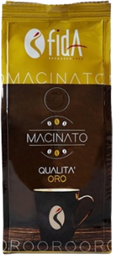 Gouden verpakking van Fida 'Macinato Qualita' Oro' gemalen koffie met afbeelding van een kopje.